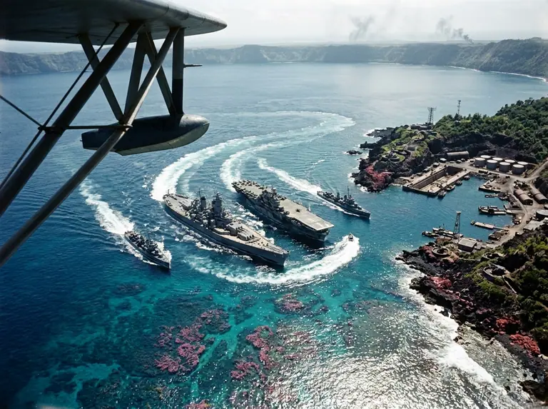 Aerial view of a Second World War battleship, aircraft carrier, and destroyers steaming past a fortified coral-island harbour in bright turquoise tropical waters.