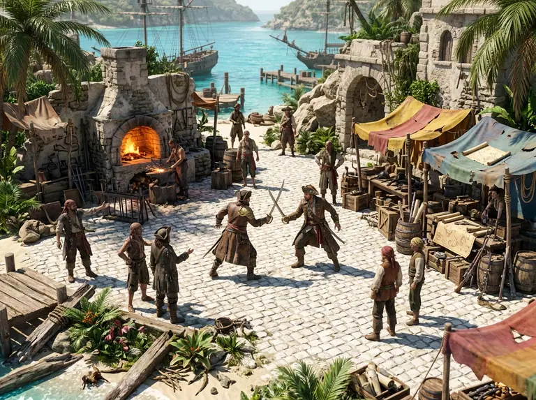 An isometric view of a sunlit pirate island crossroads where two captains duel with cutlasses beside a glowing blacksmith forge, market stalls, and a turquoise harbour.