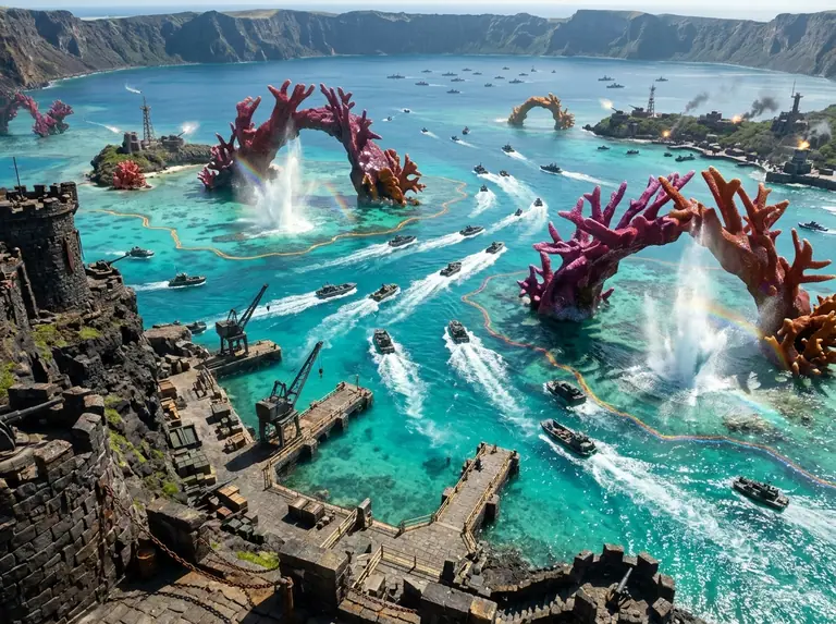 Panoramic view over a fortified tropical harbour as gunboats and landing craft steam between crimson coral islands to capture rival coastal ports.