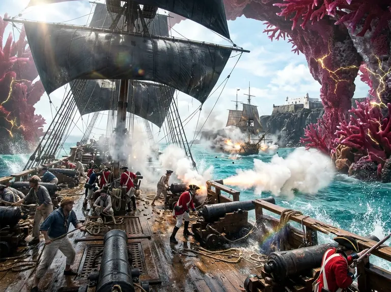 Sailors and scarlet-coated marines firing deck cannons from a wooden warship towards a rival frigate and a cliffside fort inside a turquoise lagoon ringed by giant crimson coral arches.