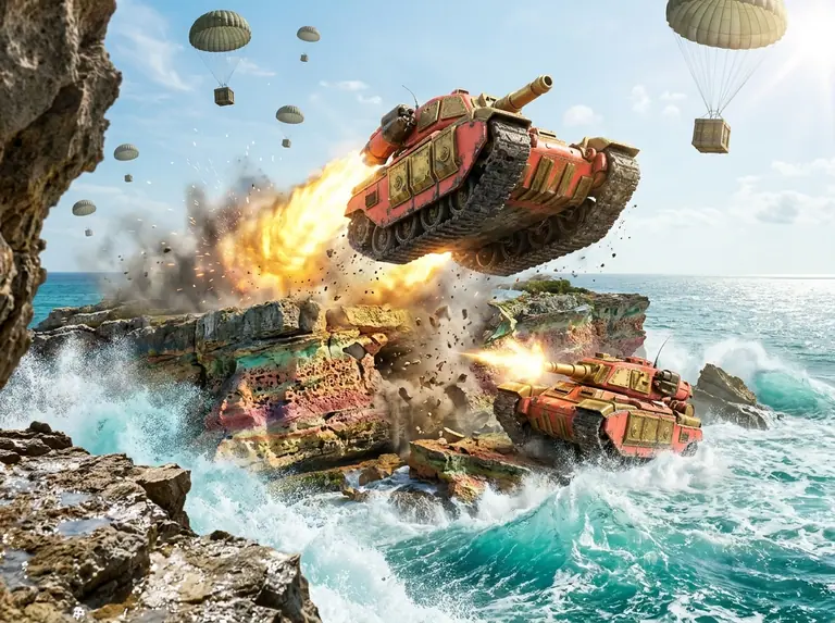 Coral-red and brass robot tanks firing rockets and rocket-jumping across a destructible rock island as turquoise sea water rises around the lower cliffs.