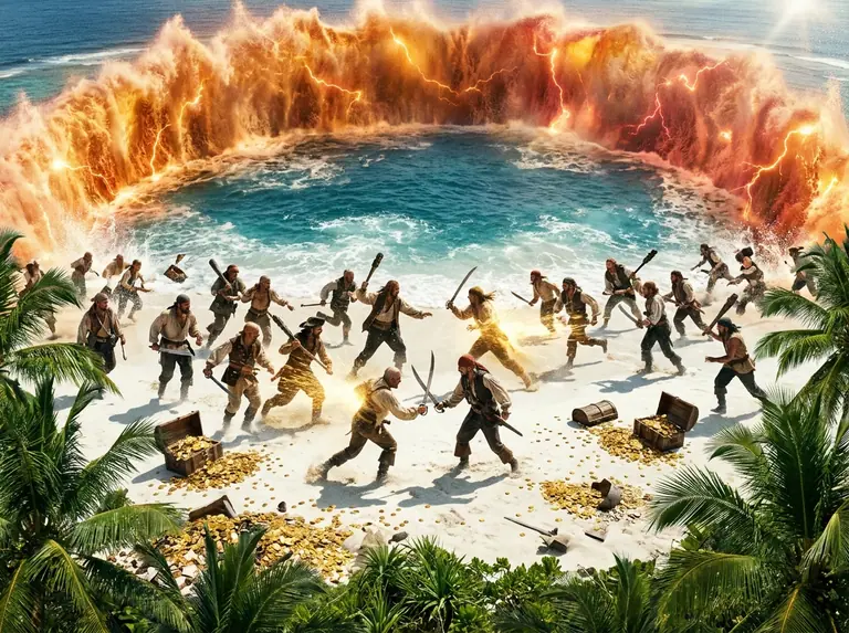 Pirates clashing with cutlasses and golden dash bursts on a circular white-sand tropical island littered with gold doubloons, encircled by a closing ring of storm surf.